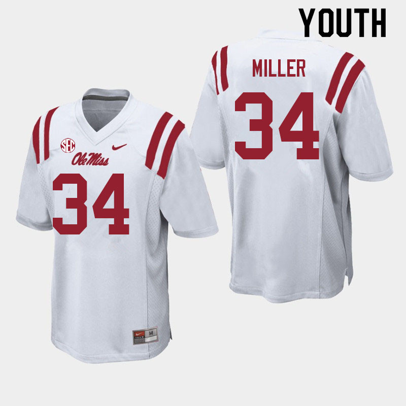 Bobo Miller Ole Miss Rebels NCAA Youth White #34 Stitched Limited College Football Jersey OGL0558NK